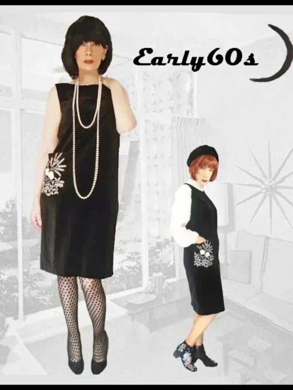 Black Velvet Dressy Shift, Dark Academia Vintage Jumper Dress Early 60s